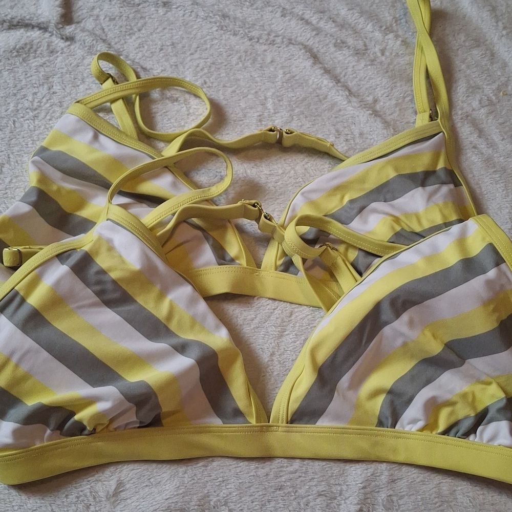 Kona Sol Yellow and Gray Striped Bikini Top Set of 2 (Swi023)